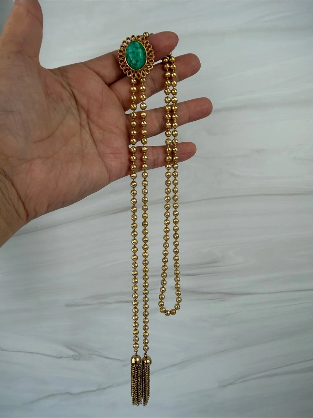 Gold Bead Lariat Necklace with Green Stone Accent